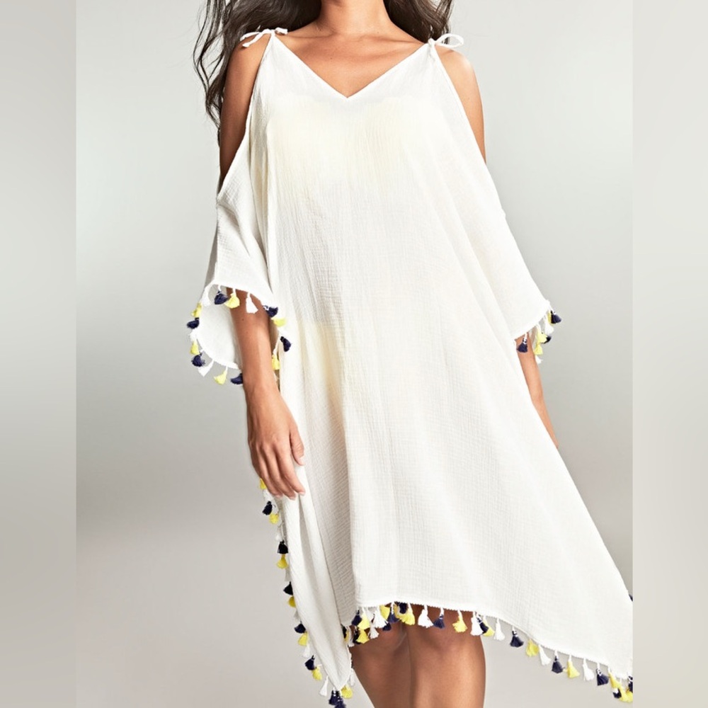 NEW Panache Capri Halle Tassel Short Kaftan Swim Cover Up 1778 White Blue Yellow